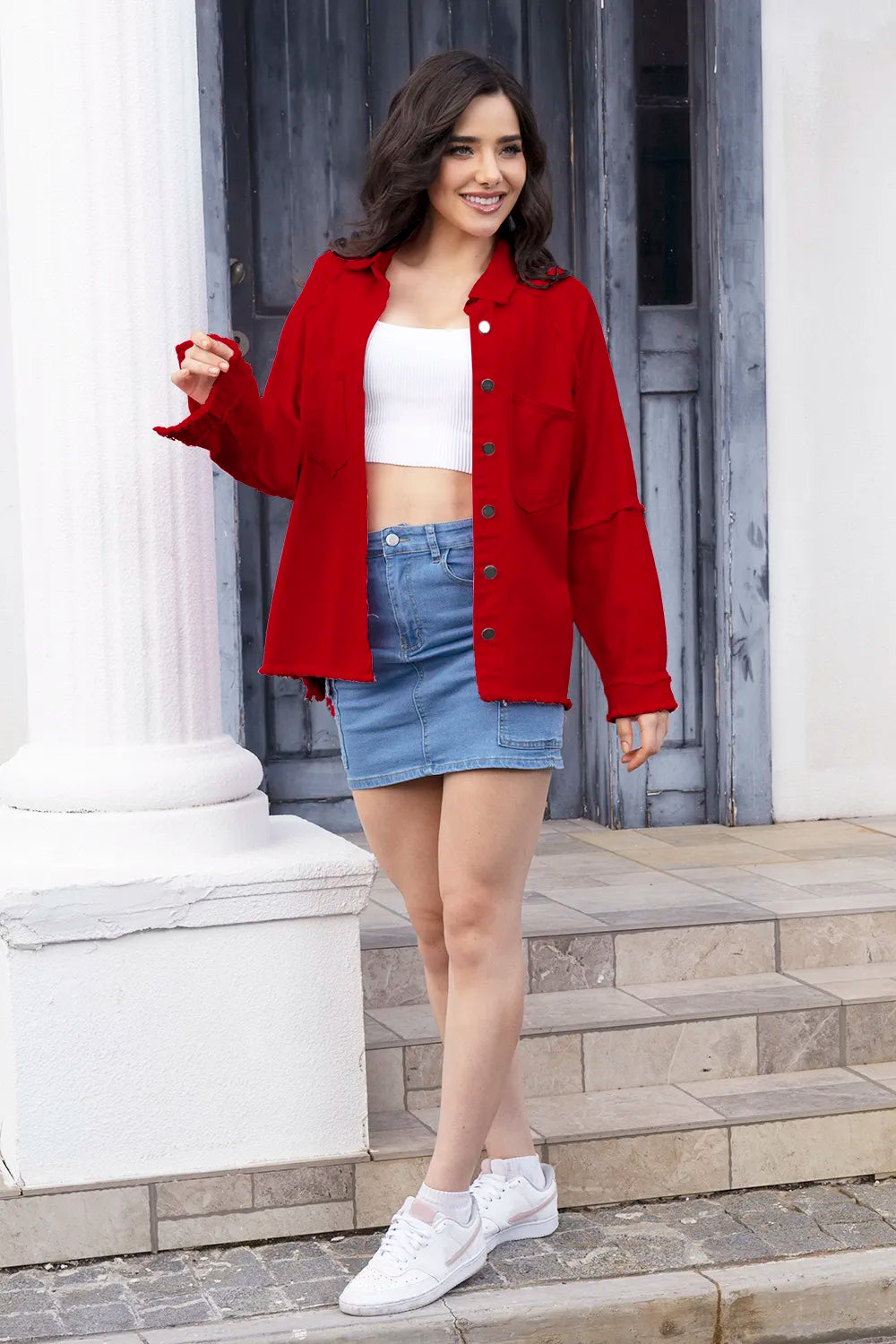 Raw Hem Pocketed Collared Neck Denim Jacket (11)