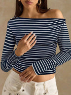 Off-shoulder Striped Ribbed Long Sleeve T-shirt (18)