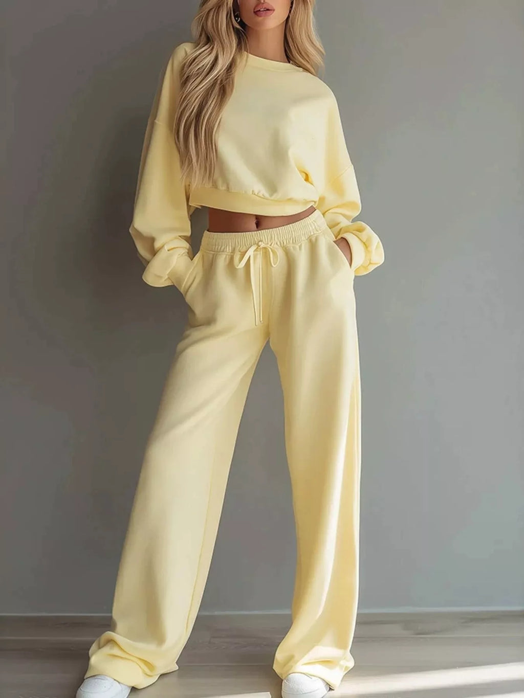 Round Neck Cropped Sweatshirt Wide-leg Pants Set