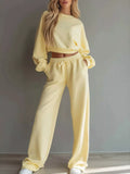 Round Neck Cropped Sweatshirt Wide-leg Pants Set