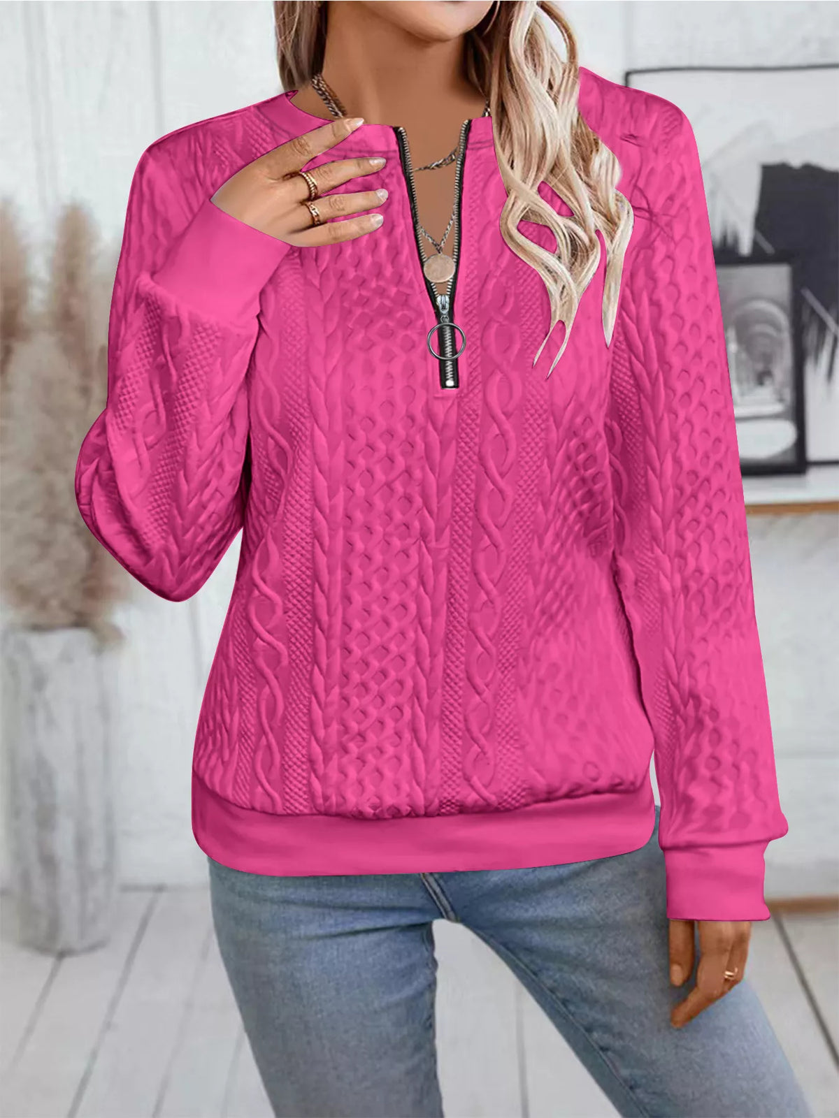 Chic Cable Texture Quarter-zip Sweatshirt (9)