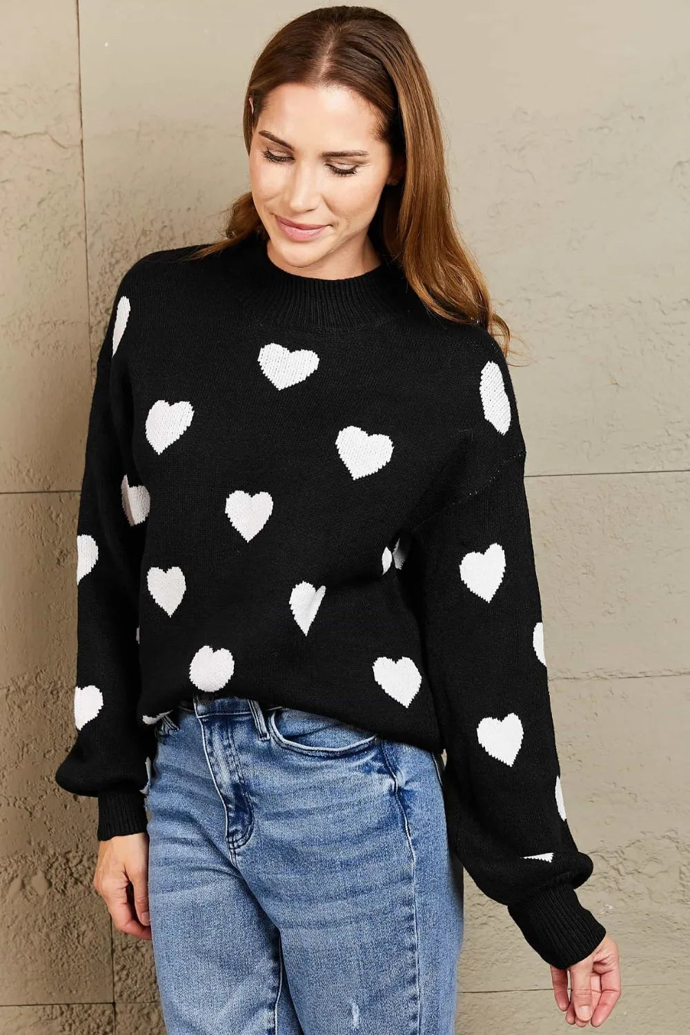 Heart Pattern Lantern Sleeve Round Neck Tunic Sweater (3)