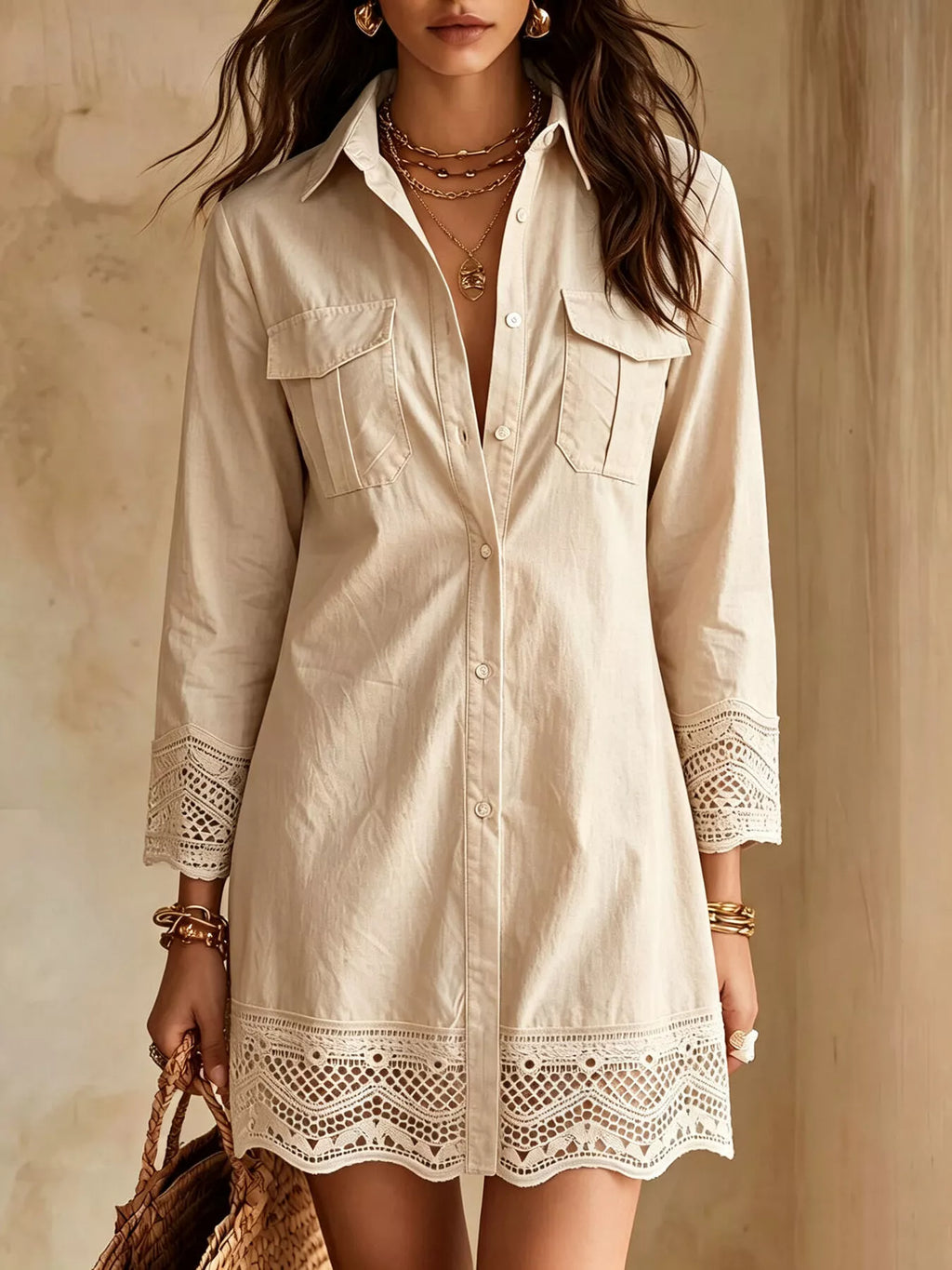 Button-down Shirt Dress Lace Trim (5)