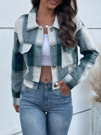 Plaid Button Up Drop Shoulder Cropped Jacket (4)