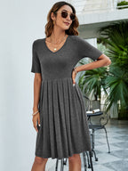 Pleated V-neck Short Sleeve Tee Dress (9)
