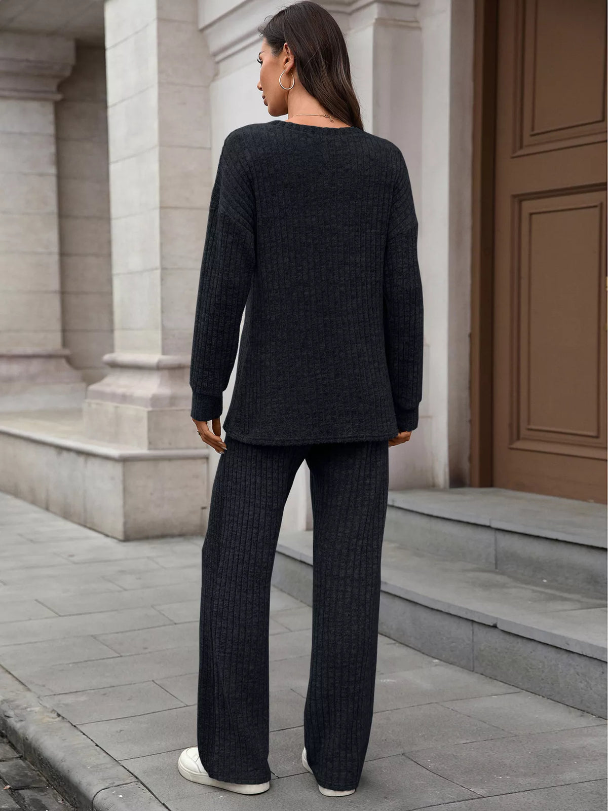Ribbed Round Neck Top Pants Set (17)
