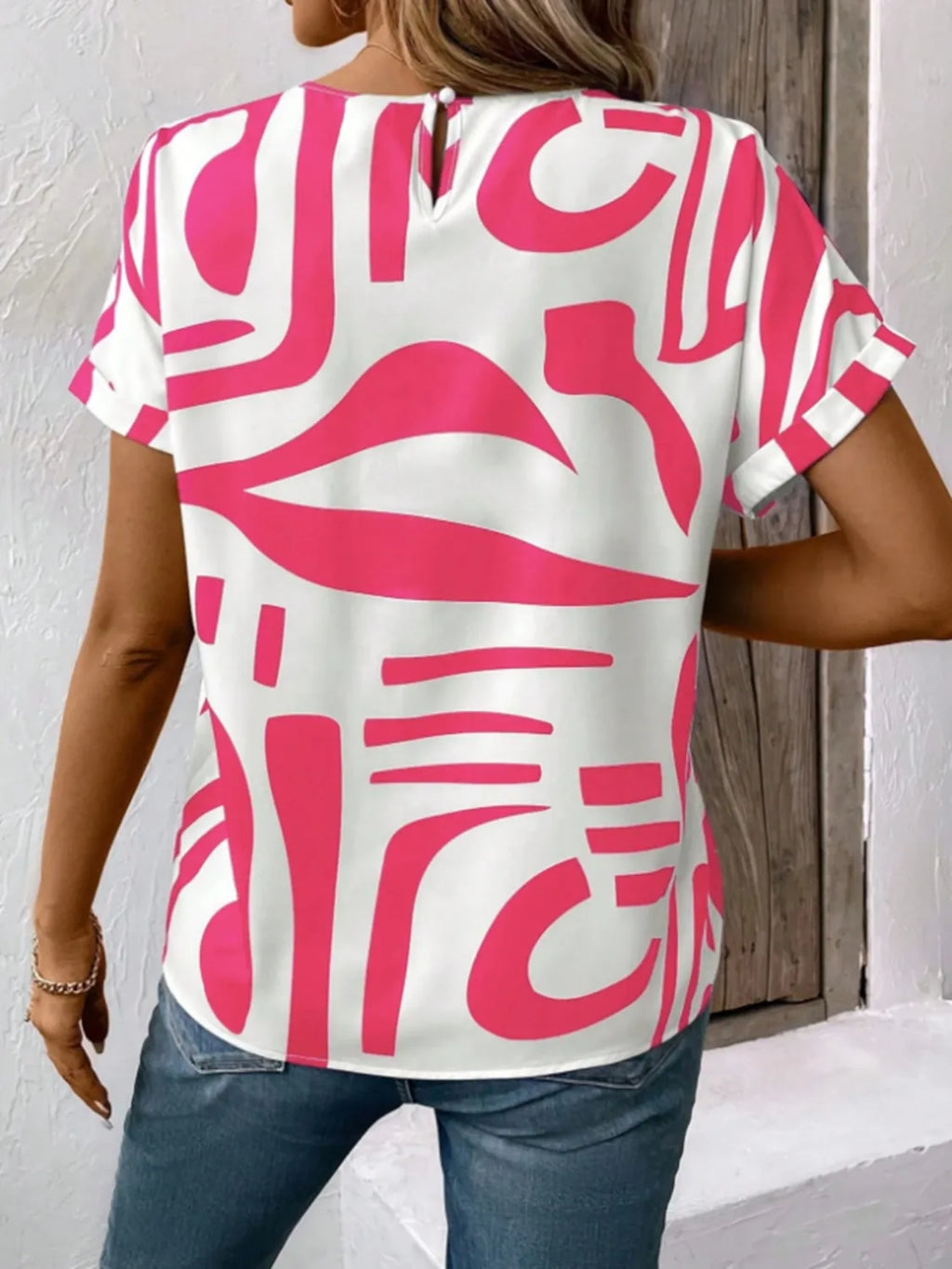 Contrast Round Neck Short Sleeve Blouse (4)