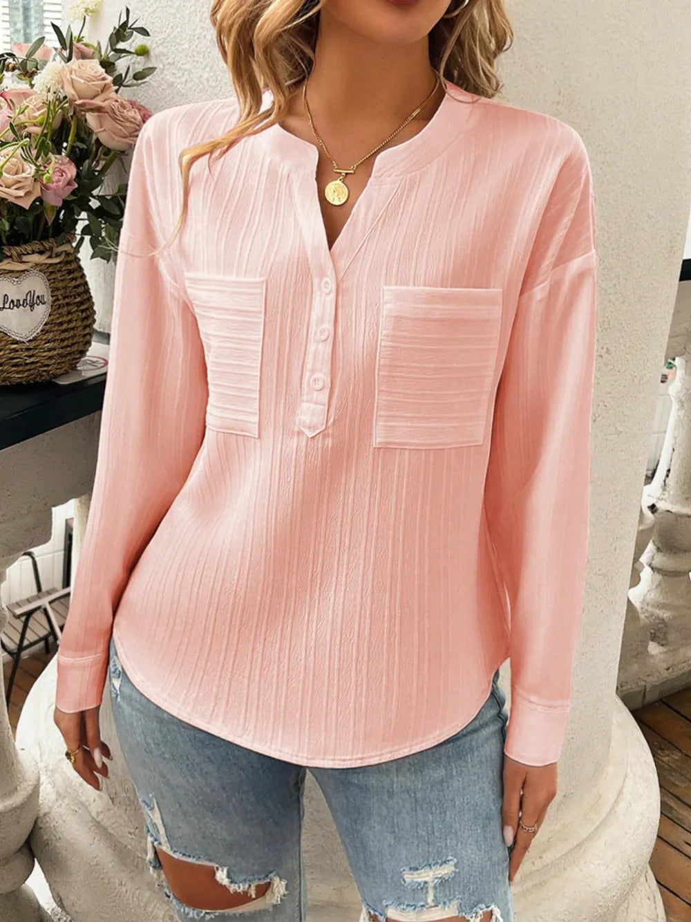 Pocketed Notched Long Sleeve Blouse (6)