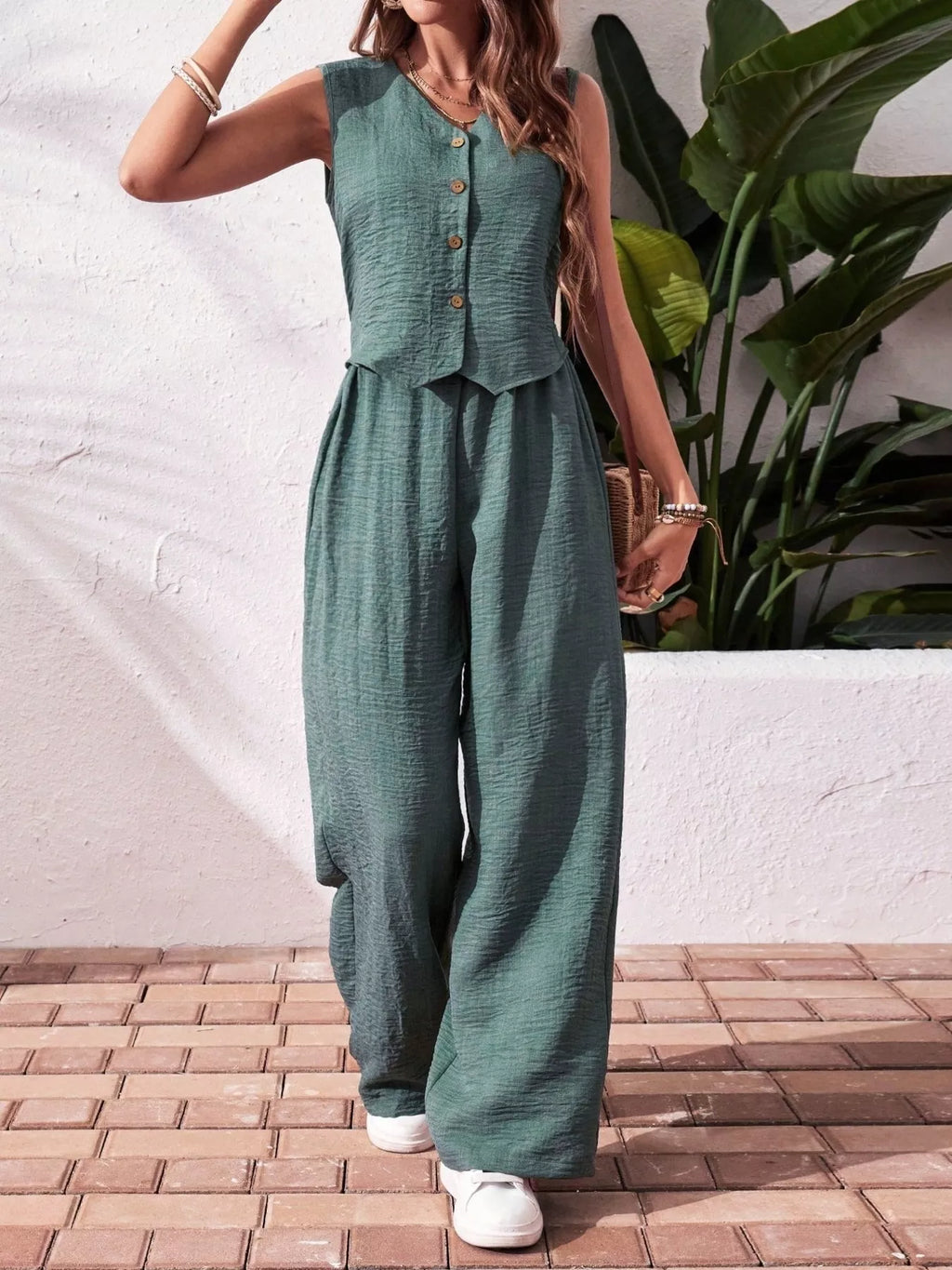 Button-down Vest Wide Leg Pants Set (27)