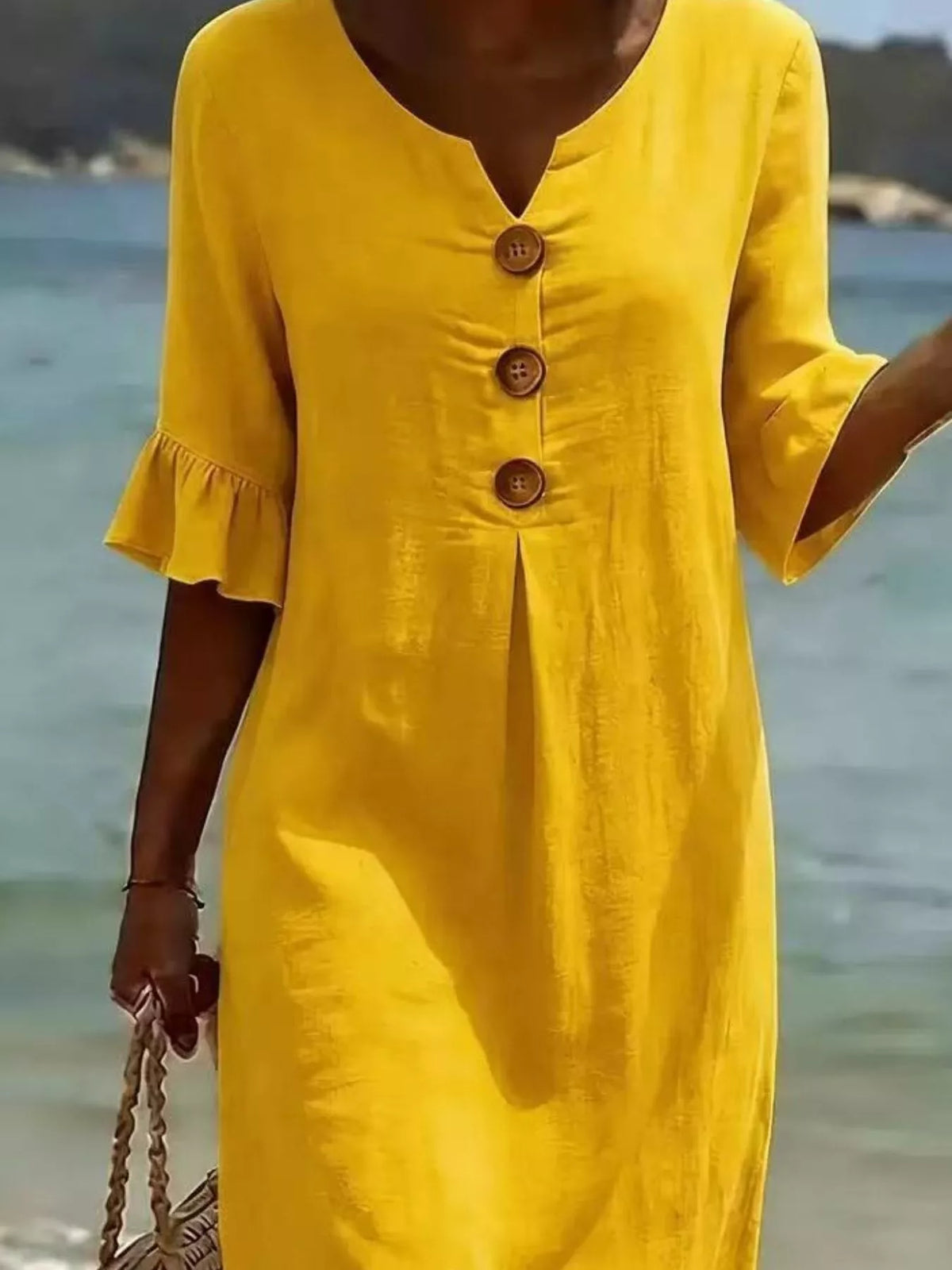 Full Size Button Decor Ruffle Sleeve Midi Dress Plus (11)