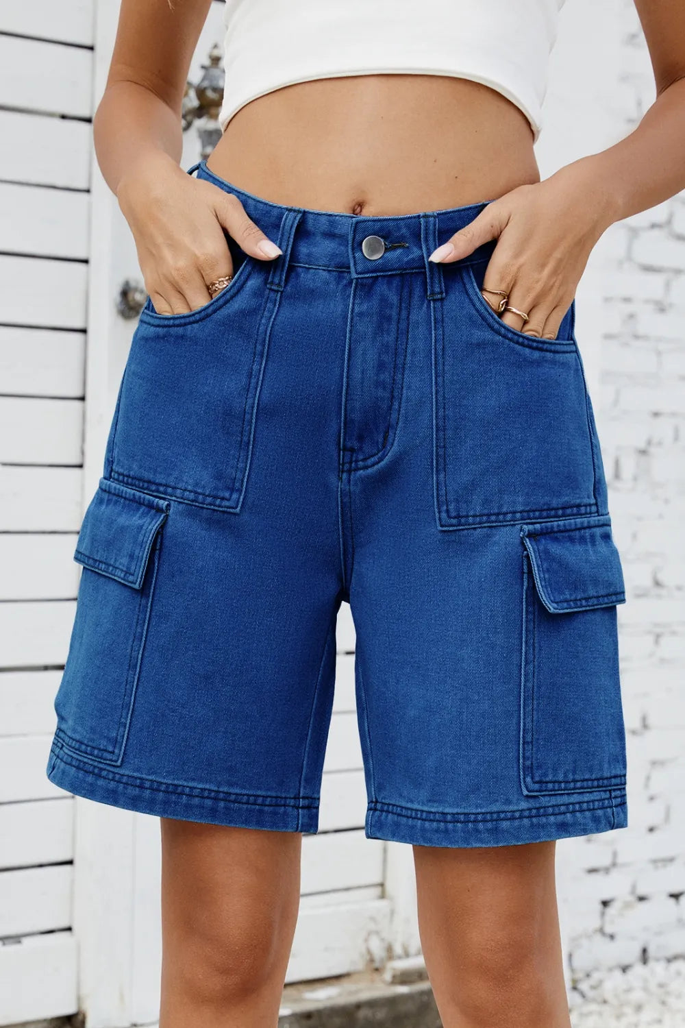High Rise Denim Shorts Cargo Pockets (3)
