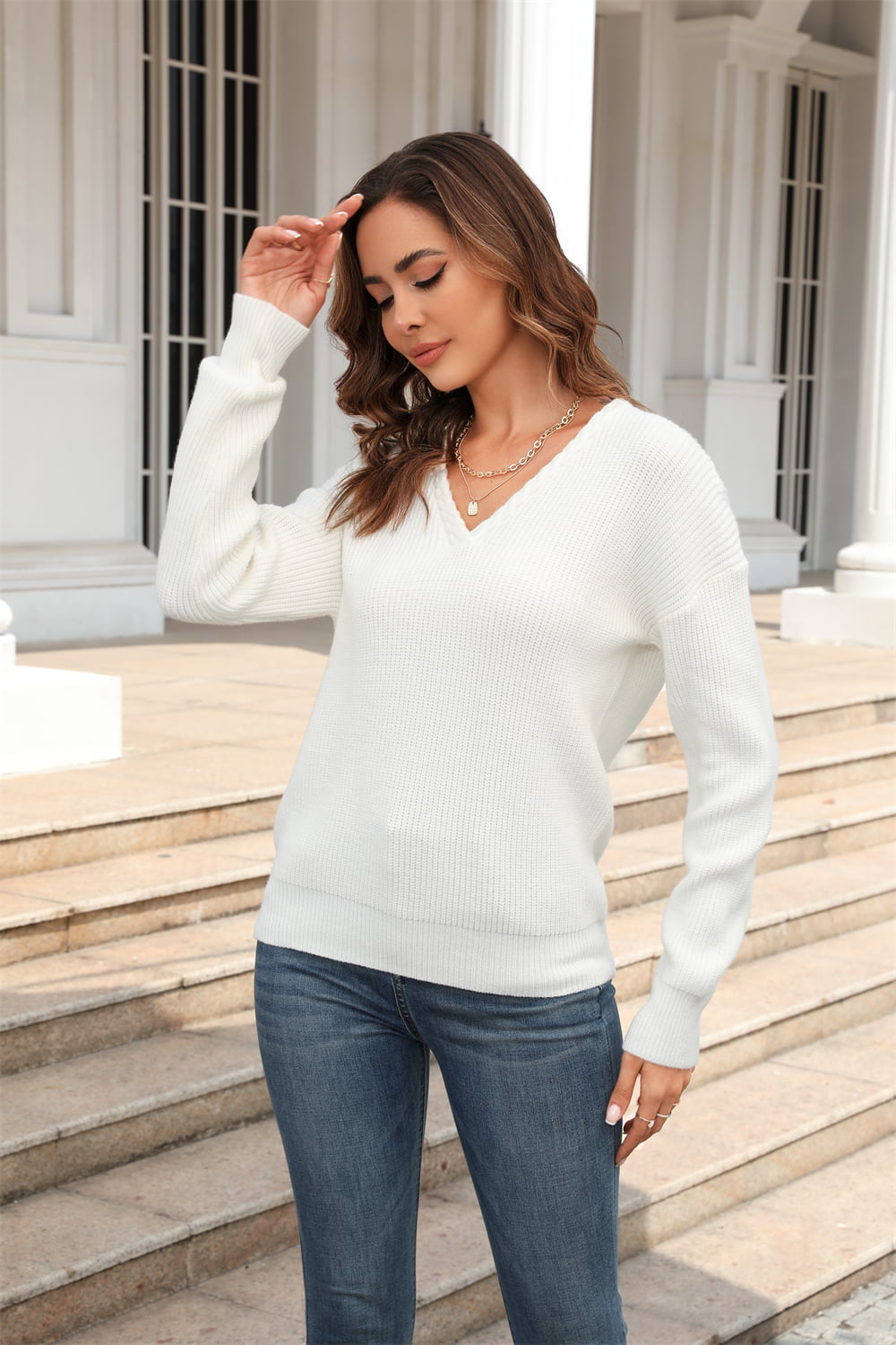 Ribbed V-neck Dropped Shoulder Knit Top (6)