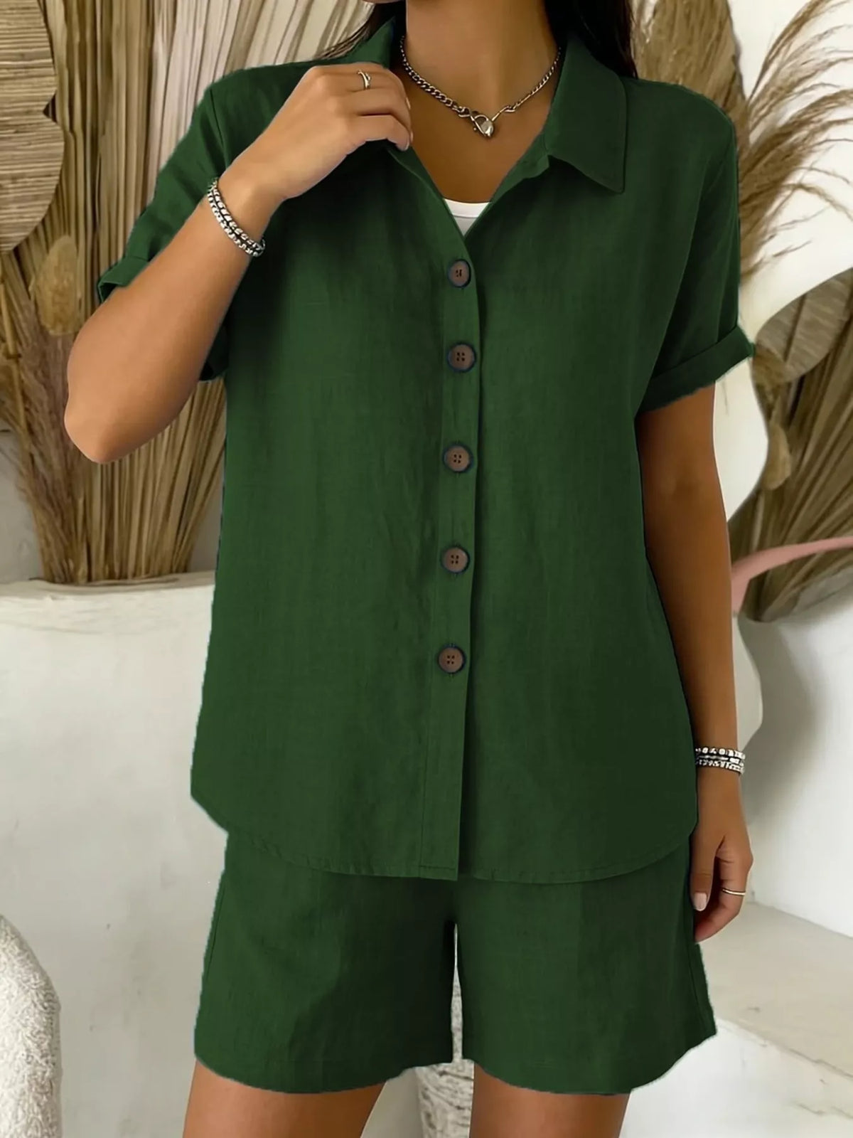 Full Size Button-up Shirt Shorts Set Plus (9)