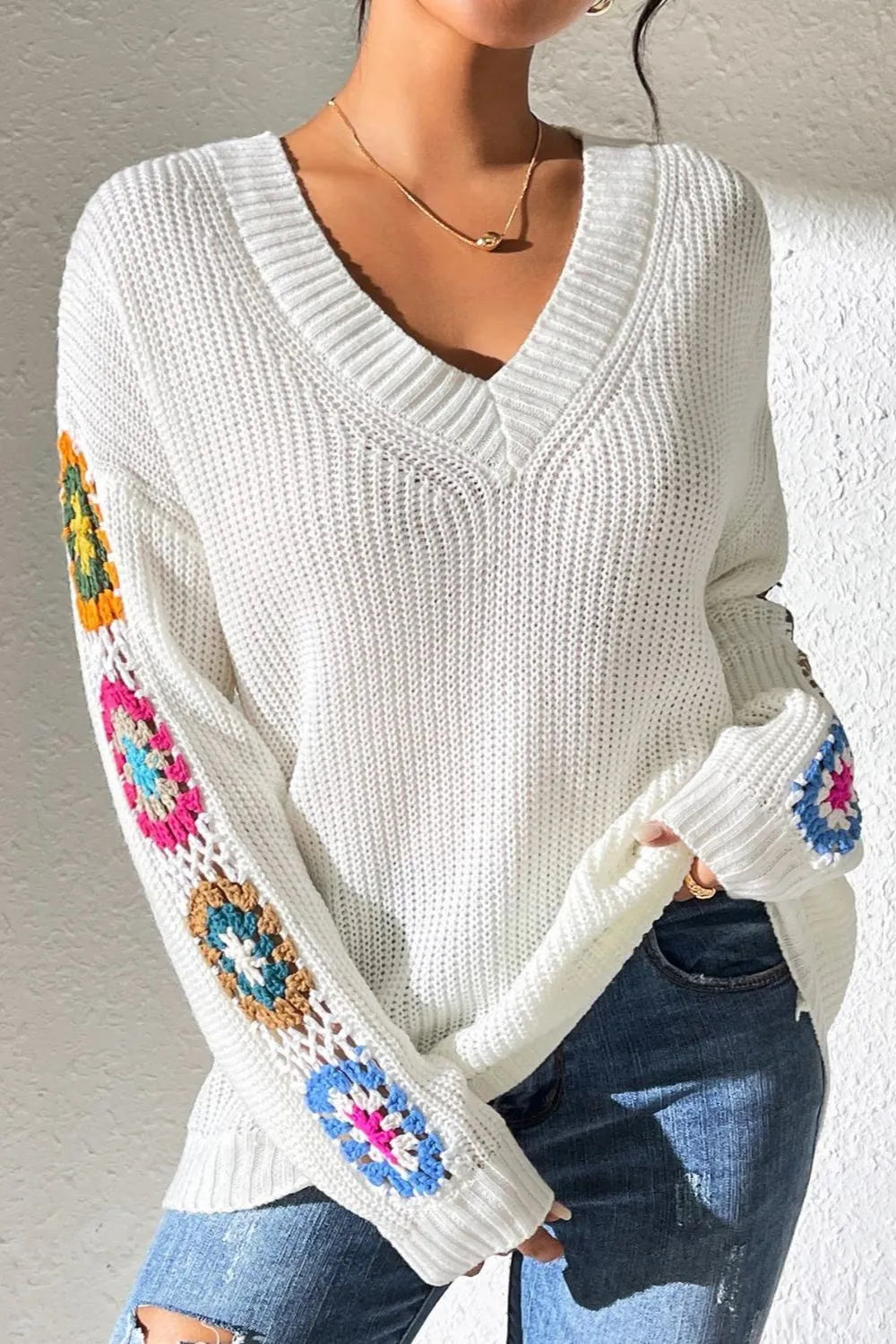 Crochet Flower V-neck Sweater (7)