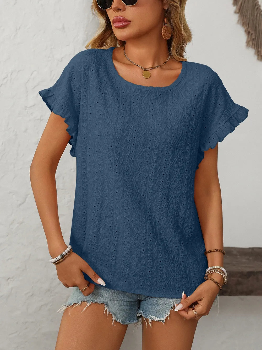 Eyelet Round Neck Short Sleeve Top (24)