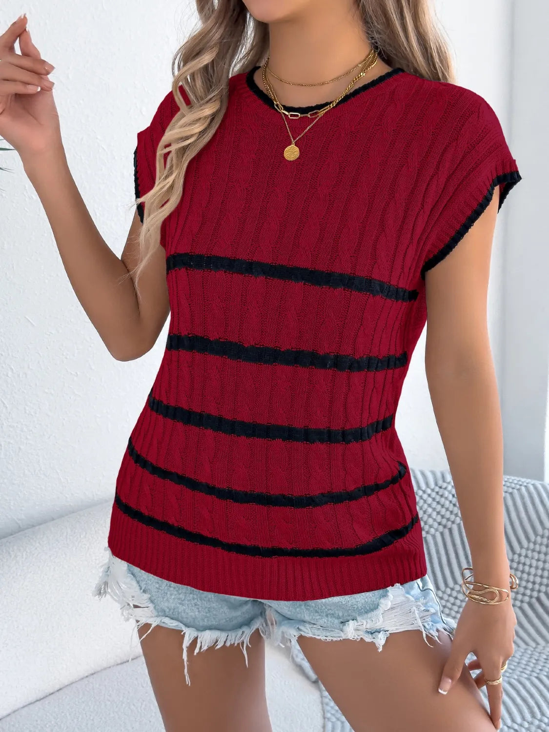 Cable-knit Striped Round Neck Knit Top (14)