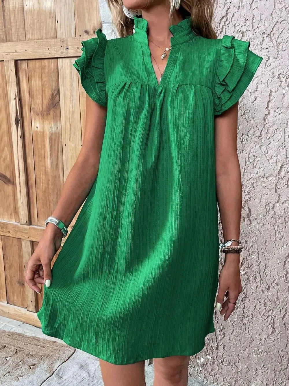 Ruffled Notched Cap Sleeve Mini Dress (8)