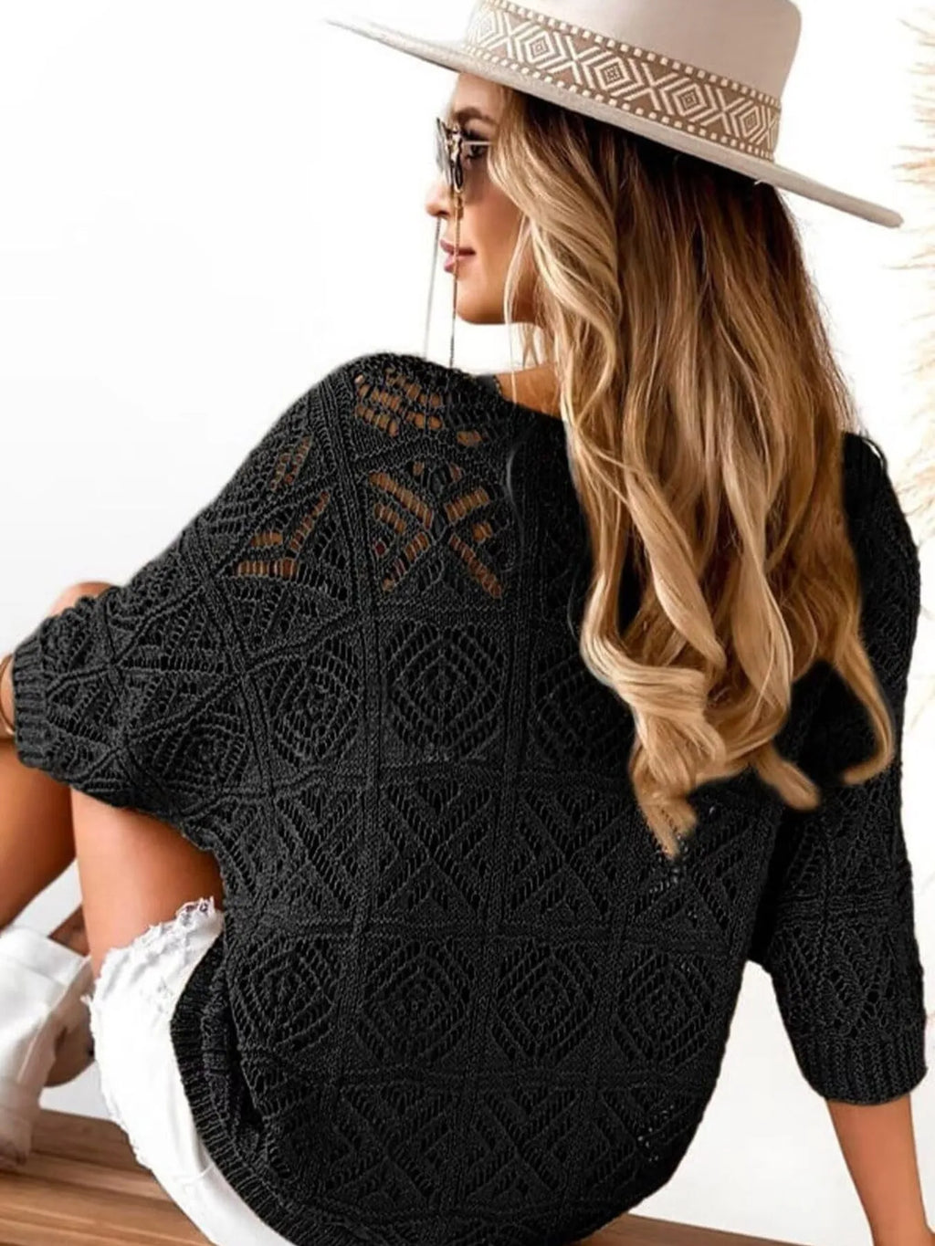 Openwork 3/4 Sleeve Knit Cover Up (11)