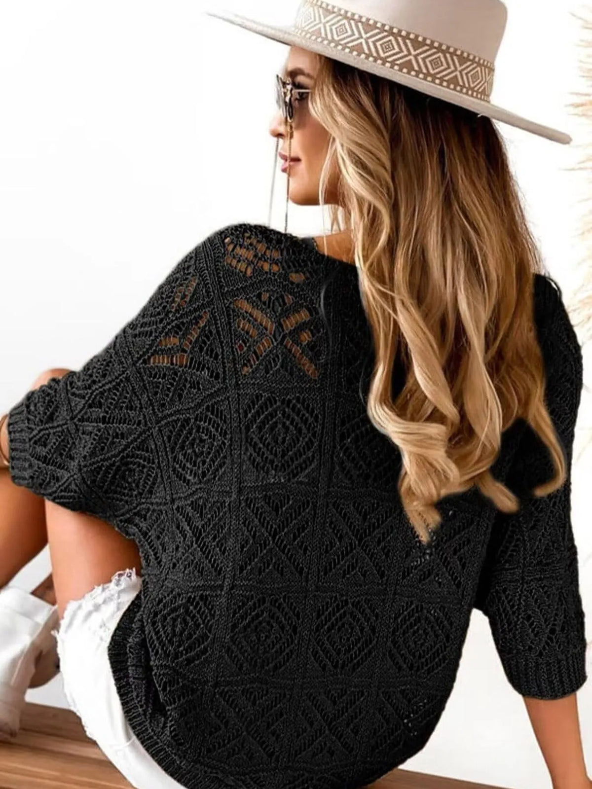 Openwork 3/4 Sleeve Knit Cover Up (11)