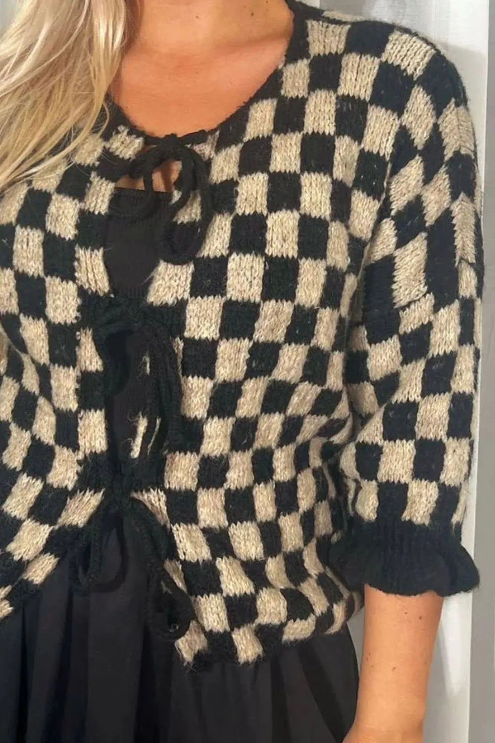 Tied Checkered Dropped Shoulder Flounce Sleeve Cardigan (12)