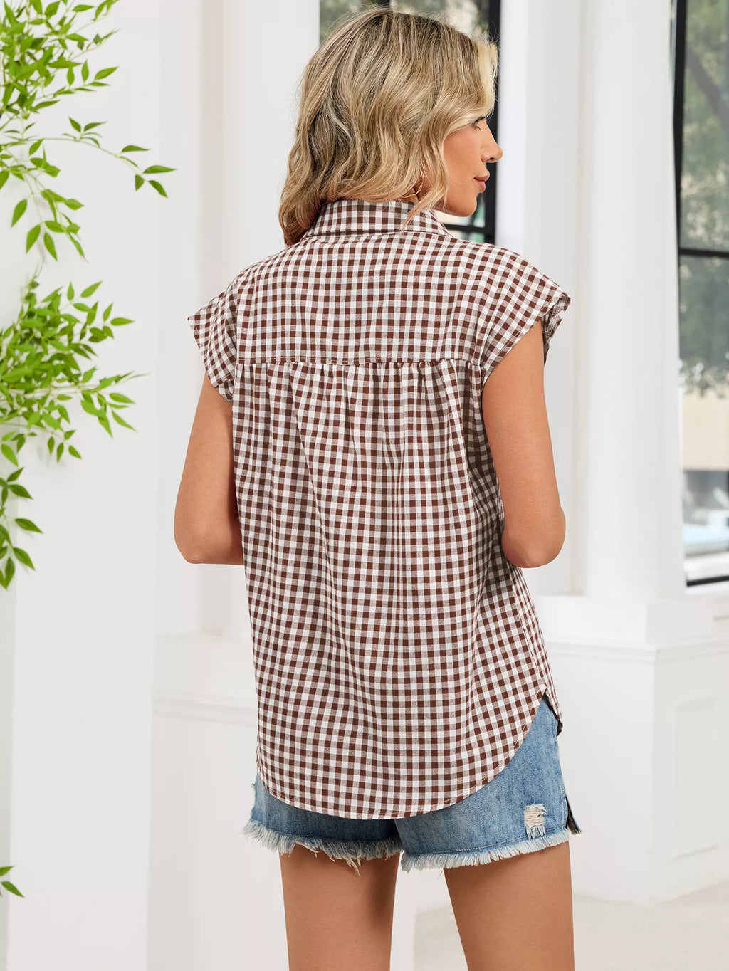 Plaid Button Up Cap Sleeve Shirt (23)