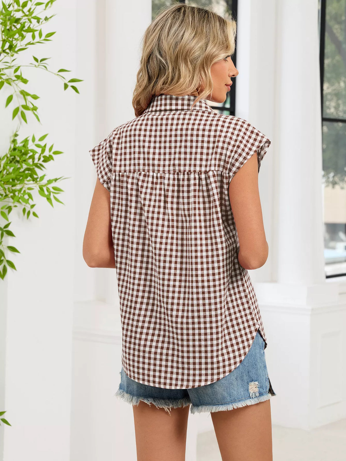 Plaid Button Up Cap Sleeve Shirt (23)