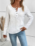 Openwork Half Button Long Sleeve Blouse (5)