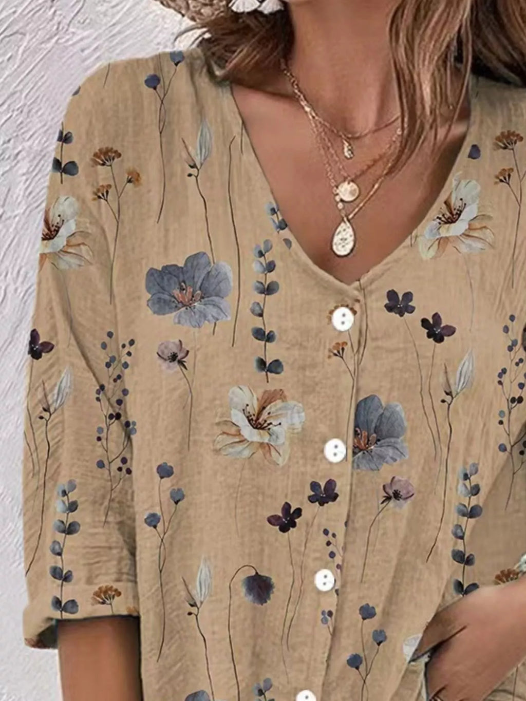 Floral Print V-neck Button-down Shirt (3)