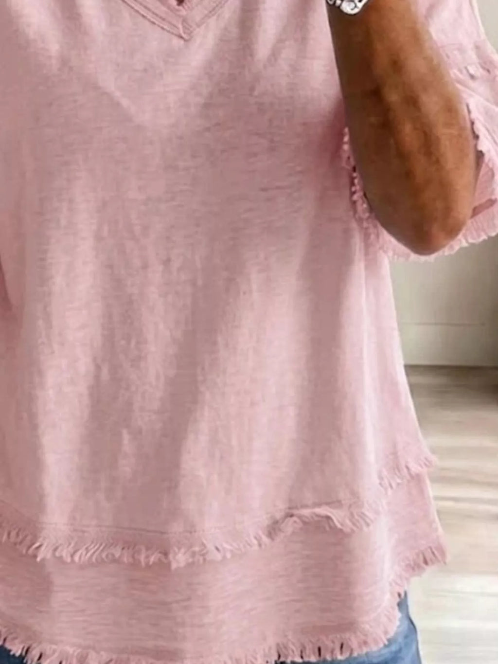 Full Size Frayed Edge V-neck Blouse Plus (10)