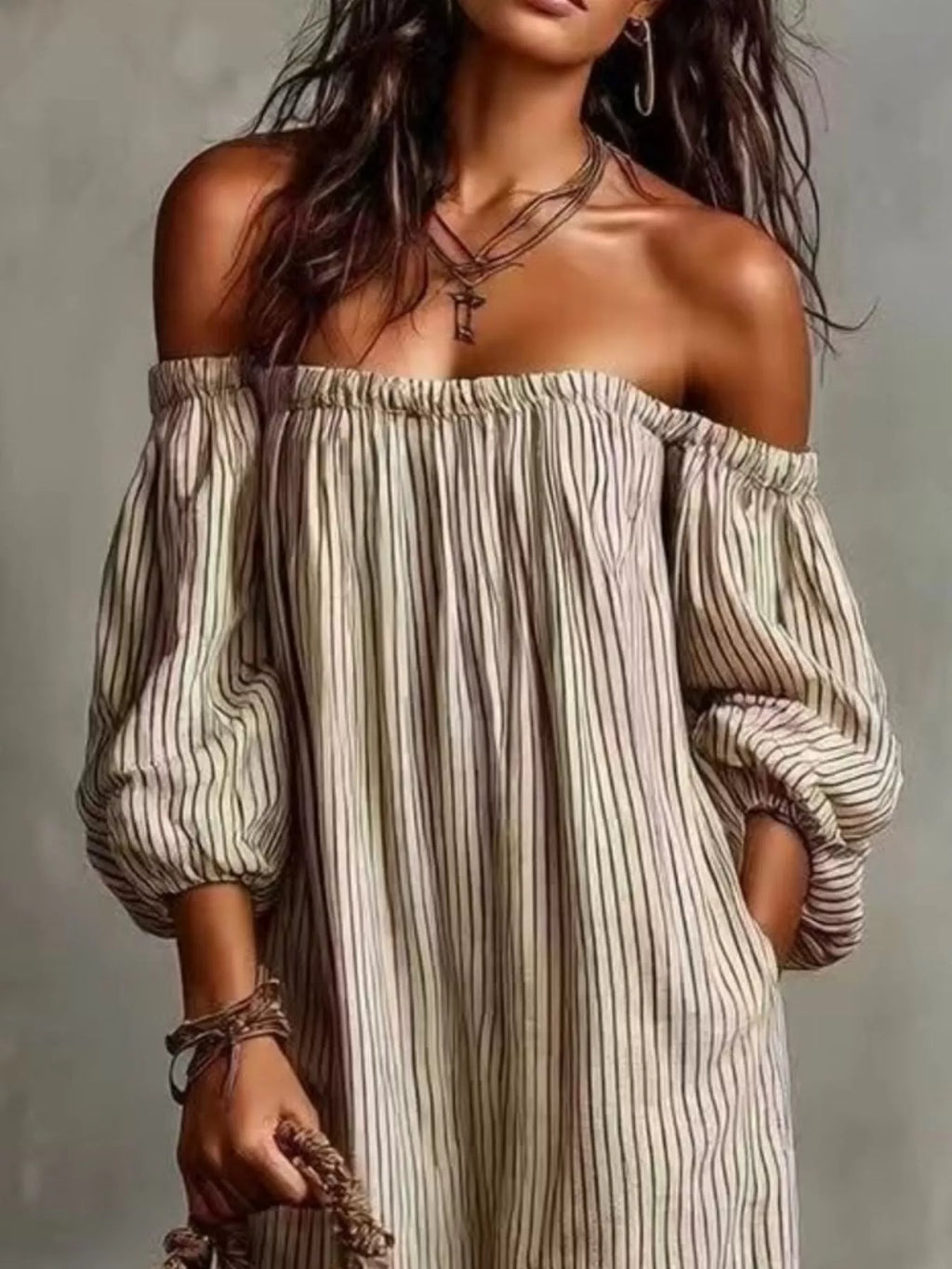 Full Size Off-shoulder Striped Maxi Dress Puff Sleeves Plus (3)
