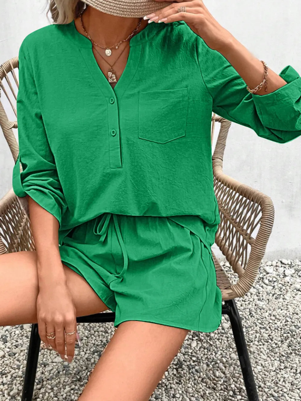 Notched Long Sleeve Top Shorts Set (7)