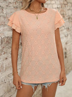 Eyelet Round Neck Double Layered Ruffled Short Sleeve Top (18)