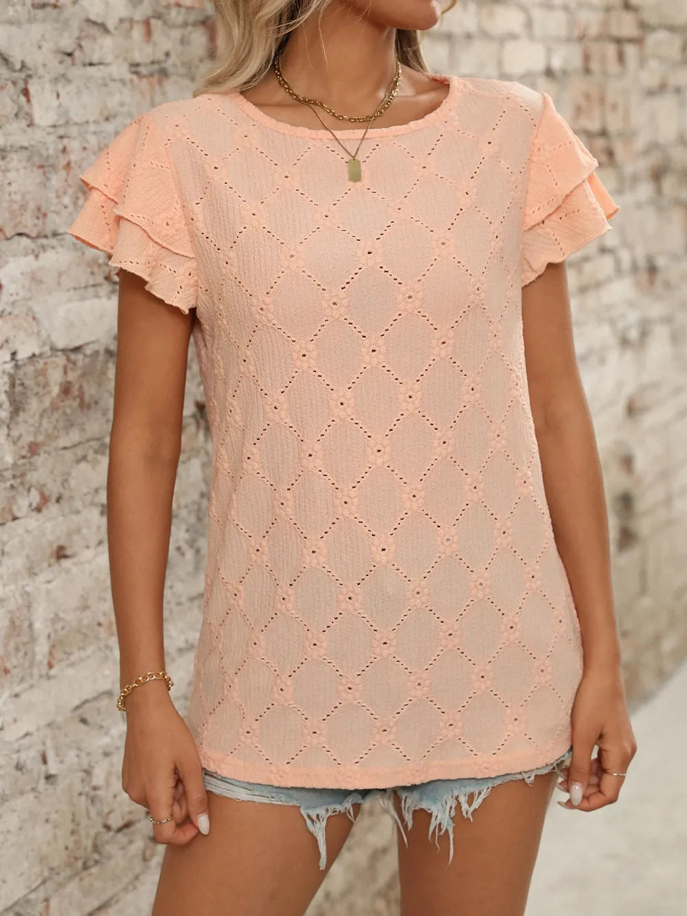 Eyelet Round Neck Double Layered Ruffled Short Sleeve Top (18)