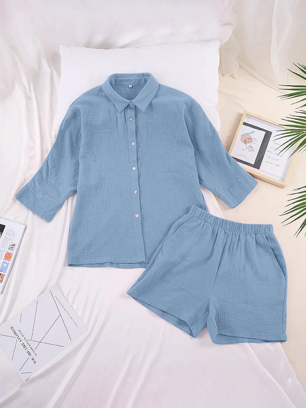 Texture Button Up Shirt Shorts Set (23)