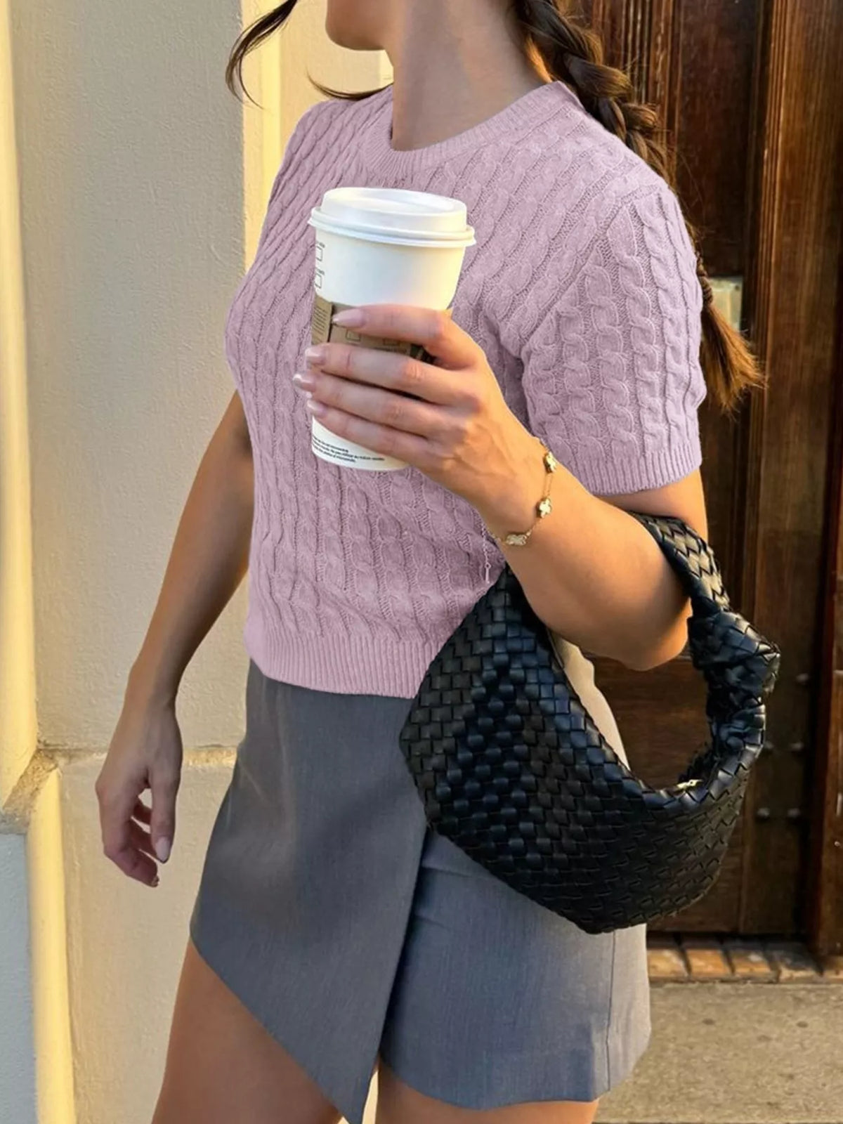 Cable-knit Short Sleeve Sweater (10)