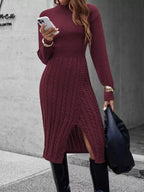Full Size Mock Neck Cable Knit Sweater Dress Front Slit Plus (41)