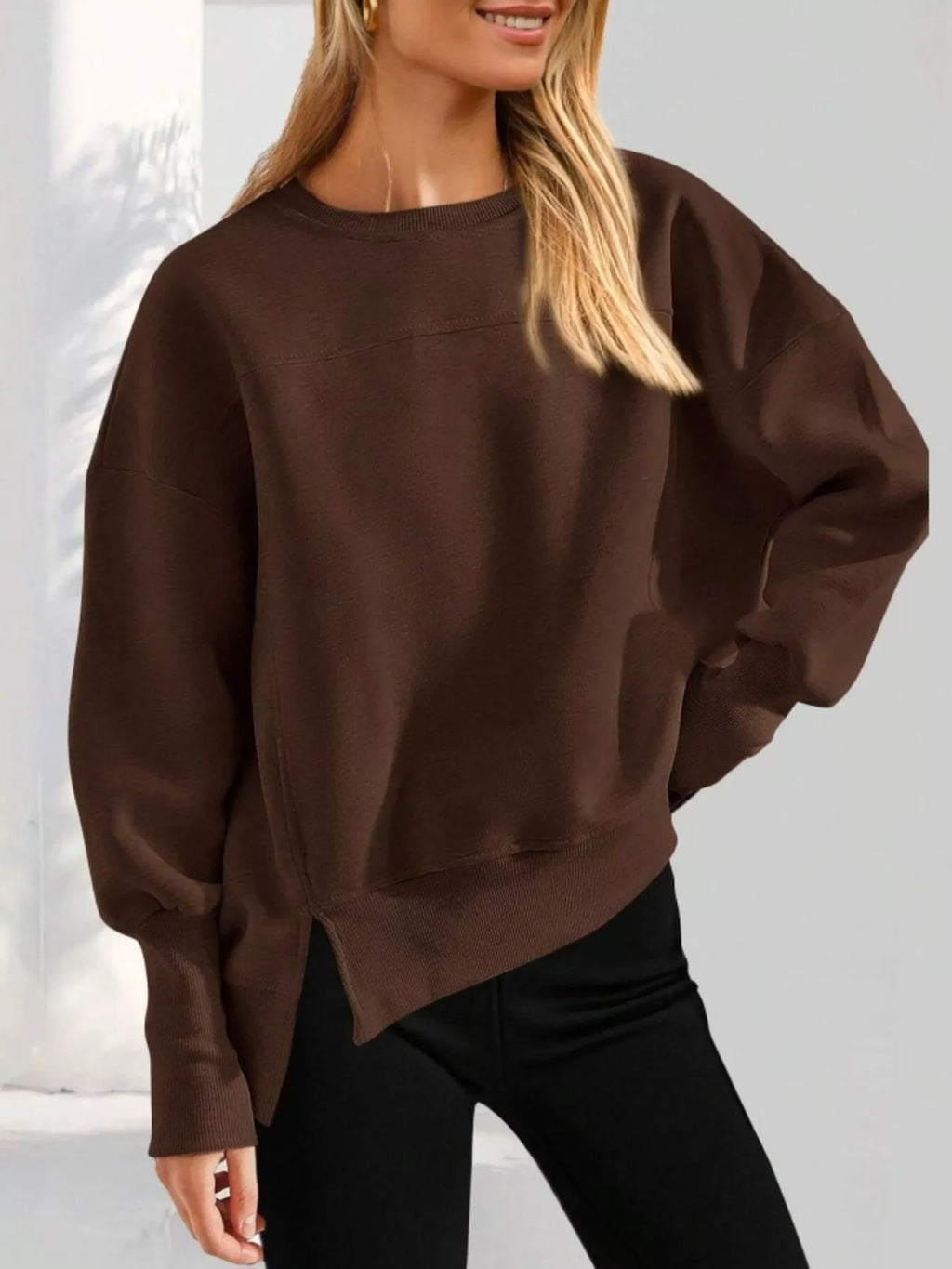 Slit Round Neck Dropped Shoulder Sweatshirt (2)