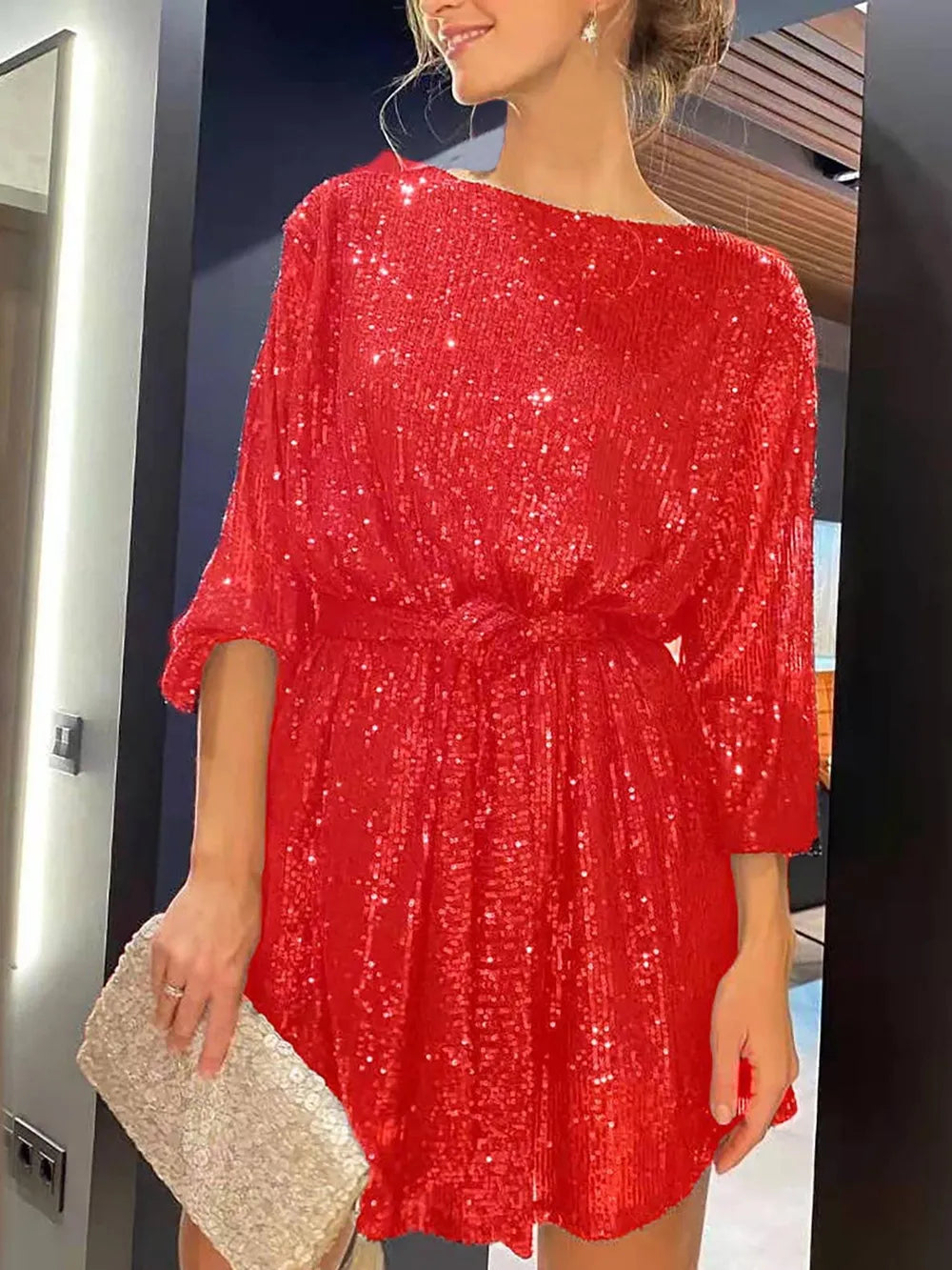 Sequin Tie Waist Long Sleeve Mini Dress (8)