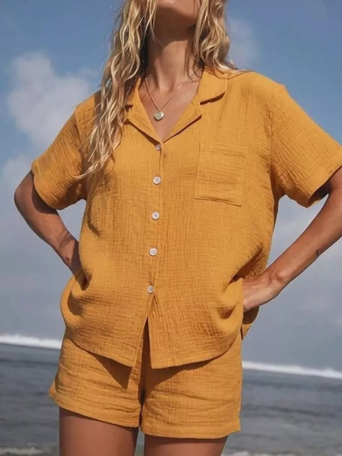 Button Up Short Sleeve Shirt Shorts Set (10)