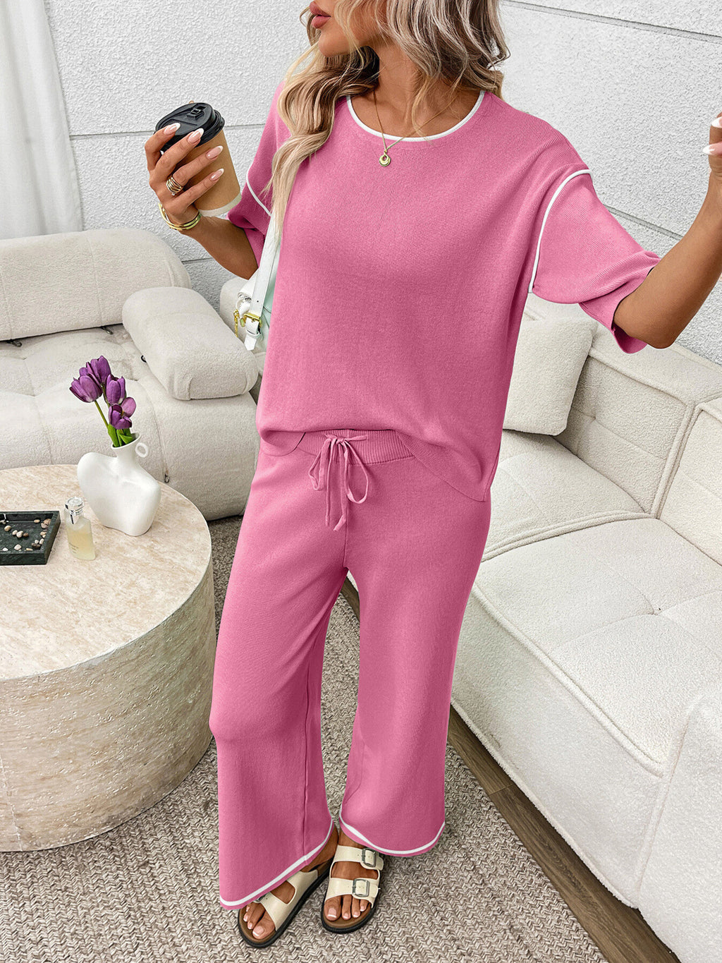 Round Neck Half Sleeve Top Pants Set (15)