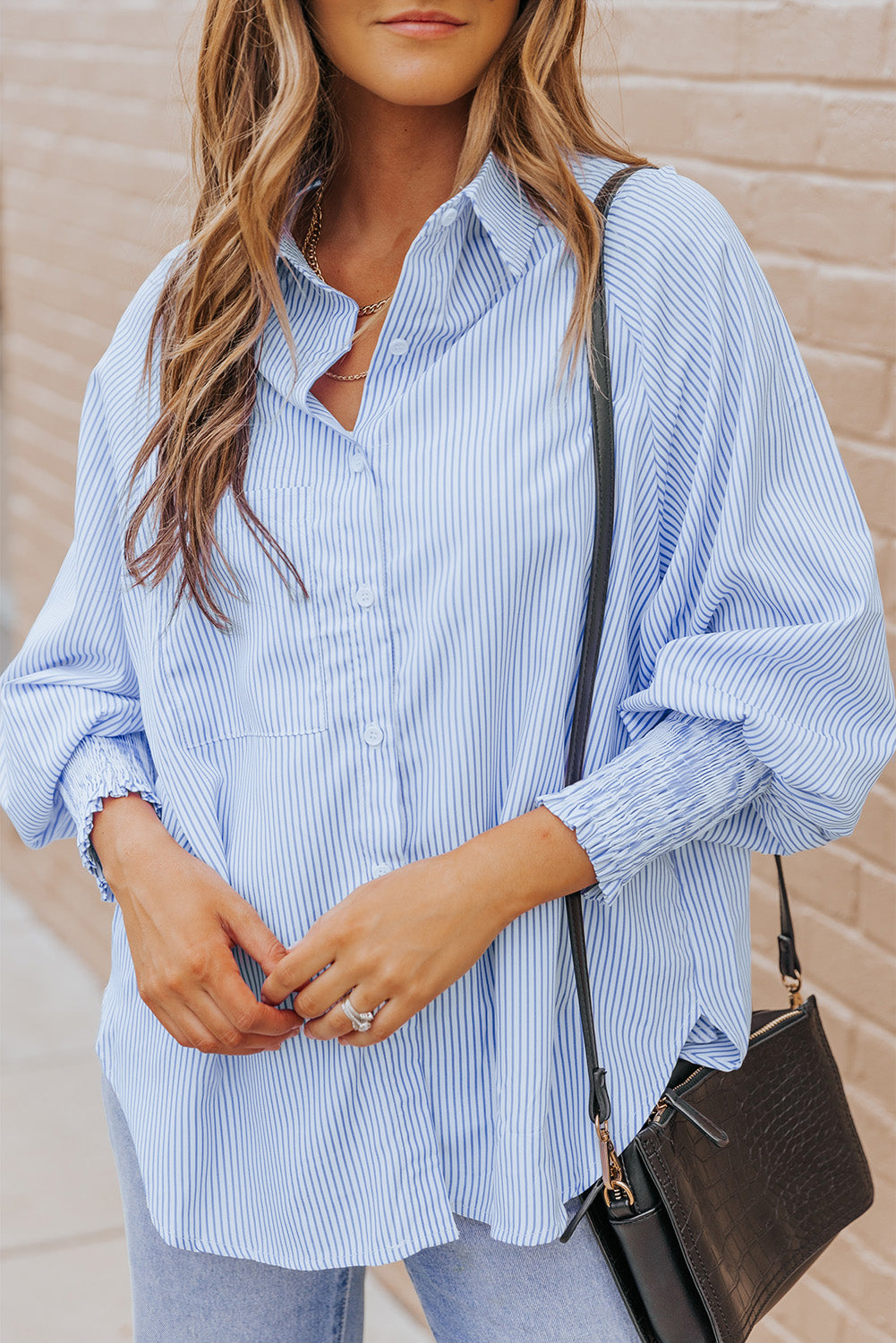Striped Lantern Sleeve Collared Shirt (6)