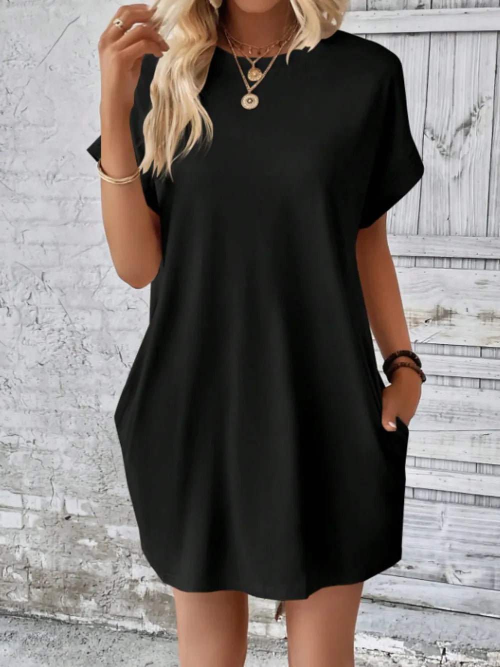 Round Neck Short Sleeve Mini Tee Dress Pockets (13)