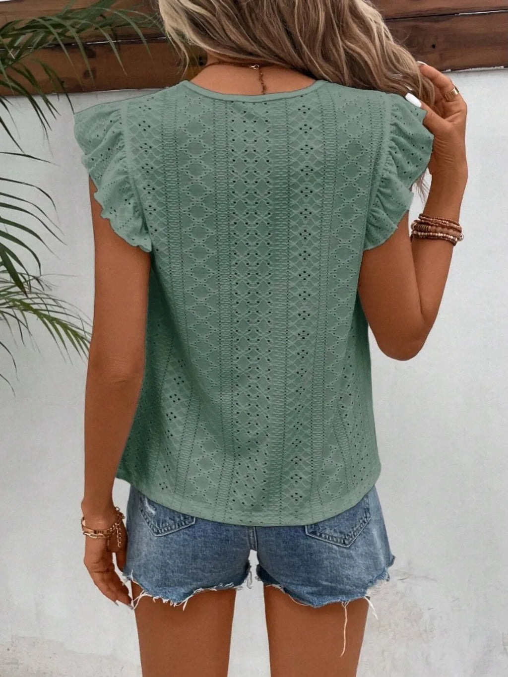 Eyelet Round Neck Cap Sleeve Top (15)