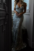 Full Size Sequin Tie Back V-neck Maxi Dress Plus (5)