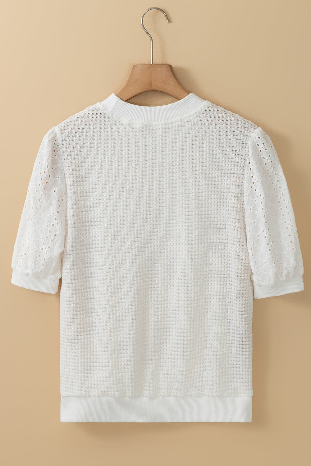 White Broderie Anglaise Puff Sleeve Waffle Knit Tee photo 1