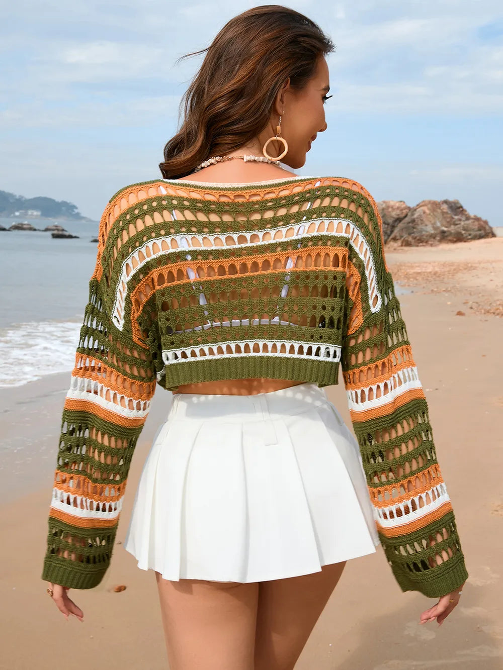 Openwork Boat Neck Dropped Shoulder Cover-up (7)