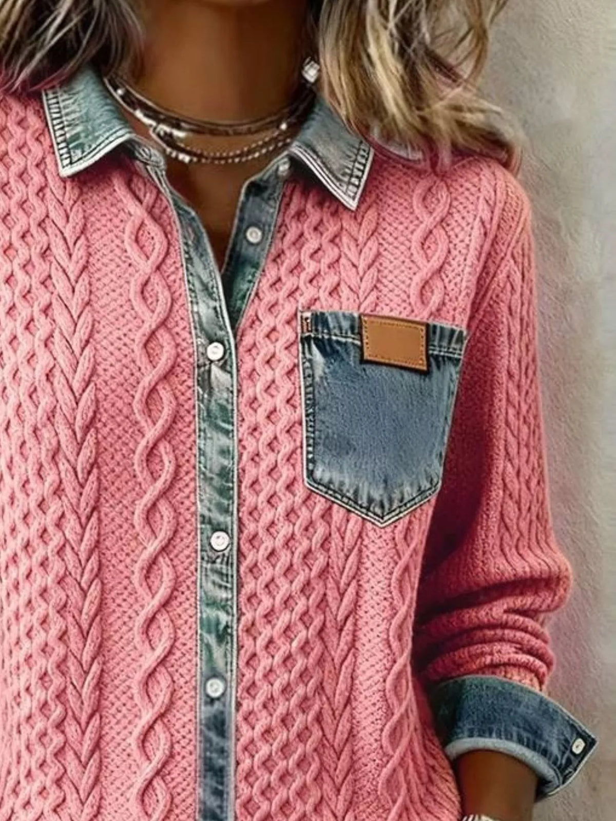 Denim Trim Cable Knit Cardigan (8)