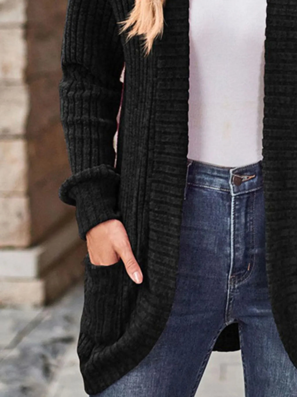 Ribbed Knit Open Front Cardigan Pockets (8)