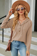 Drawstring Half Button Long Sleeve Hoodie (4)