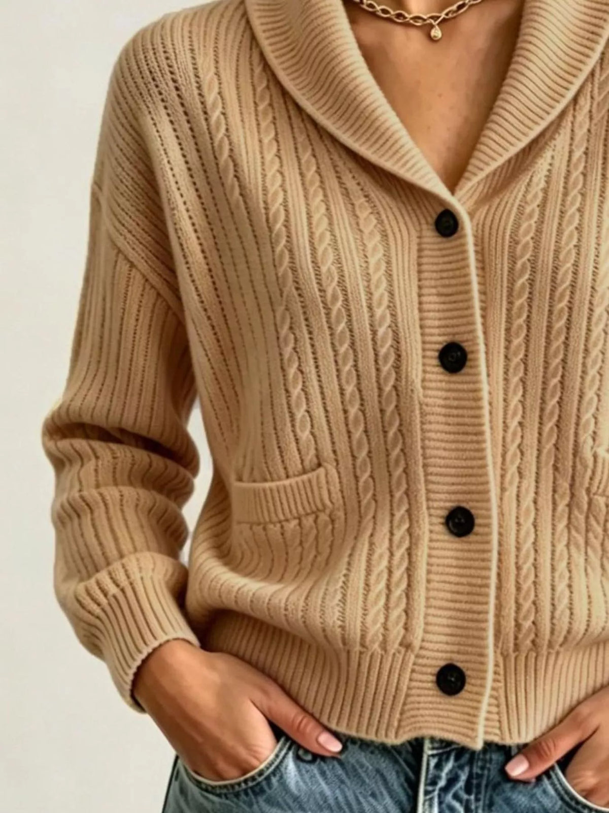 Full Size Shawl Collar Cable Knit Cardigan Plus (2)